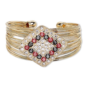 Bracelet, cuff, glass / Egyptian glass rhinestone / gold-finished steel / &quot;pewter&quot; (zinc-based alloy), clear / red / black, 35mm wide with 40x35mm diamond, 6-1/2 inches. Sold individually.