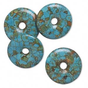Component, mosaic &quot;turquoise&quot; (magnesite) (dyed / assembled), blue, 23mm round donut, B grade, Mohs hardness 3-1/2 to 4. Sold per pkg of 4.