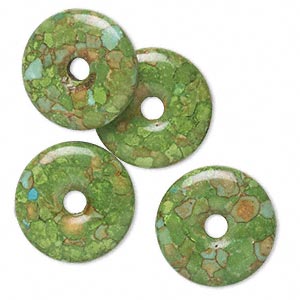 Component, mosaic &quot;turquoise&quot; (magnesite) (dyed / assembled), green, 23mm round donut, B grade, Mohs hardness 3-1/2 to 4. Sold per pkg of 4.