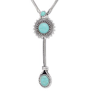 Necklace, magnesite (dyed / stabilized) / antique silver-plated brass / steel / &quot;pewter&quot; (zinc-based alloy), turquoise blue, 4-inch dangle with 30mm round and 32x30mm oval, 30-inch continuous loop. Sold individually.