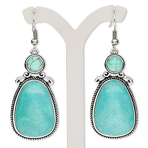 Earring, magnesite (dyed / stabilized) with antique silver-plated steel and &quot;pewter&quot; (zinc-based alloy), turquoise blue, 2 inches with teardrop and fishhook ear wire. Sold per pair.