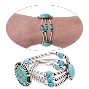Bracelet, 3-strand stretch, magnesite (dyed / stabilized) / silver-plated brass / antique silver-plated &quot;pewter&quot; (zinc-based alloy), turquoise blue, 28x22mm oval, 6-1/2 inches. Sold individually.