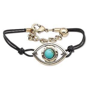Bracelet, 2-strand, magnesite (dyed / stabilized) / leather (dyed) / antique gold-finished steel / &quot;pewter&quot; (zinc-based alloy), black and turquoise blue, 30x20mm marquise, 7 inches with 2-inch extender chain and lobster claw clasp. Sold individually.
