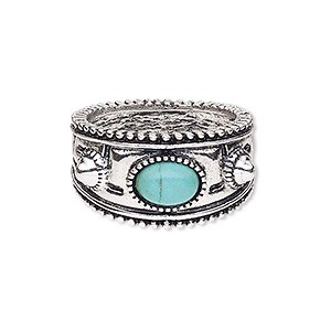 Ring, magnesite (dyed / stabilized) and antique silver-plated &quot;pewter&quot; (zinc-based alloy), turquoise blue, 15mm wide with oval, size 9. Sold individually.