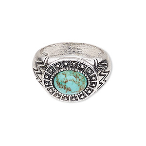 Ring, magnesite (dyed / stabilized) and antique silver-plated &quot;pewter&quot; (zinc-based alloy), turquoise blue, 18mm wide with oval, size 9. Sold individually.