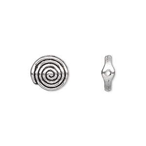 Bead, antique silver-plated &quot;pewter&quot; (zinc-based alloy), 11mm double-sided flat round with spiral design. Sold per pkg of 20.