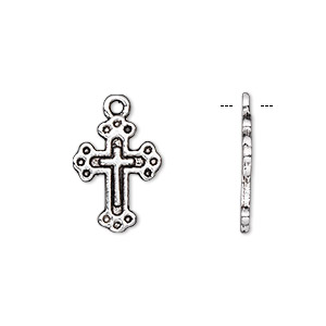 Drop, antique silver-plated &quot;pewter&quot; (zinc-based alloy), 16x12mm single-sided cross. Sold per pkg of 50.