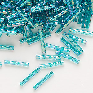 Bugle bead, Dyna-Mites&#153;, glass, transparent rainbow turquoise, 12mm twisted. Sold per 50-gram pkg.