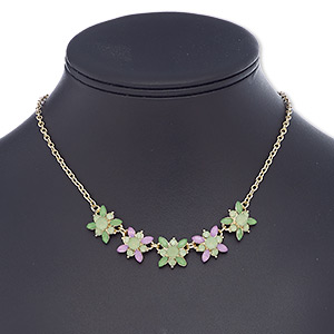 Necklace, acrylic / glass rhinestone / gold-finished steel / &quot;pewter&quot; (zinc-based alloy), green / light green / purple, 17x17mm flower, 16 inches with 2-inch extender chain and lobster claw clasp. Sold individually.