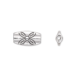 Bead, antique silver-plated &quot;pewter&quot; (zinc-based alloy), 16x9mm oval tube with flower. Sold per pkg of 20.