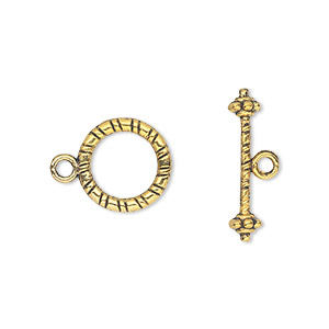 Clasp, toggle, antique gold-finished &quot;pewter&quot; (zinc-based alloy), 13mm double-sided round. Sold per pkg of 20.