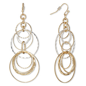 Earring, gold-finished steel / gold- / silver-plated brass, 3 inches with circles and fishhook ear wire. Sold per pair.