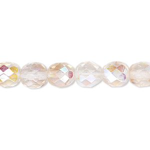 Bead, Czech fire-polished glass, two-tone, crystal/rose AB, 8mm faceted round. Sold per 15-1/2&quot; to 16&quot; strand.