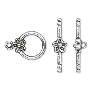 Clasp, toggle, antique silver-plated &quot;pewter&quot; (zinc-based alloy), 14mm single-sided round with flower. Sold per pkg of 10.