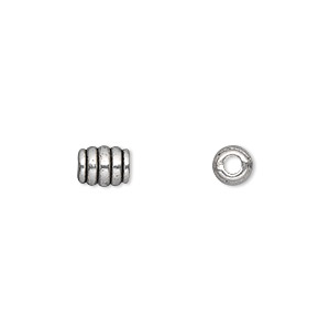 Bead, antique silver-plated &quot;pewter&quot; (zinc-based alloy), 7x5mm barrel. Sold per pkg of 50.
