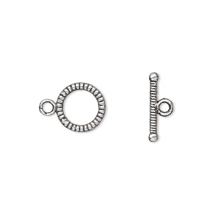 Clasp, toggle, antique silver-plated &quot;pewter&quot; (zinc-based alloy), 10mm double-sided lined round. Sold per pkg of 20.
