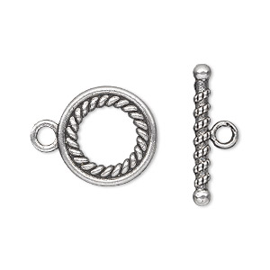 Clasp, toggle, antique silver-plated &quot;pewter&quot; (zinc-based alloy), 16mm double-sided fancy twisted roped round. Sold per pkg of 10.