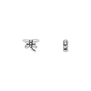 Bead, antique silver-plated &quot;pewter&quot; (zinc-based alloy), 8x6mm double-sided dragonfly. Sold per pkg of 100.