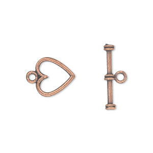 Clasp, toggle, antique copper-plated &quot;pewter&quot; (zinc-based alloy), 12x12mm double-sided heart. Sold per pkg of 20.