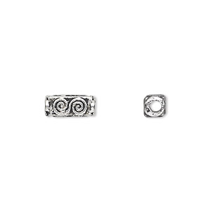 Bead, antique silver-plated &quot;pewter&quot; (zinc-based alloy), 10x4mm double-sided square tube with double &quot;S&quot; design. Sold per pkg of 50.