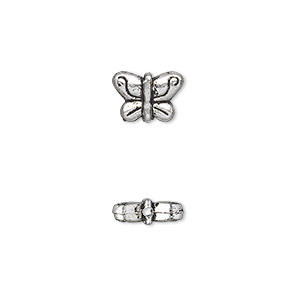 Bead, antique silver-plated &quot;pewter&quot; (zinc-based alloy), 10x7mm double-sided butterfly. Sold per pkg of 50.