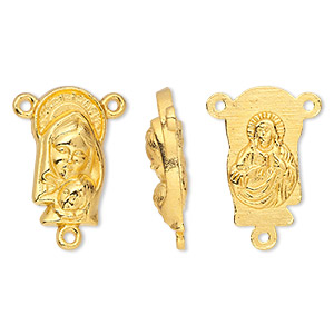 Connector, gold-finished &quot;pewter&quot; (zinc-based alloy), 18.5x10mm two-sided oval rosary with Madonna and child on front and Sacred Heart of Jesus Christ on back. Sold per pkg of 10.