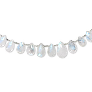 Bead, rainbow moonstone (natural), 8x6mm-11x7mm graduated hand-cut top-drilled faceted puffed teardrop, B grade, Mohs hardness 6 to 6-1/2. Sold per 4-inch strand, approximately 10 beads.