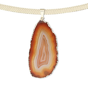 Pendant, red agate (dyed / heated) with gold-plated brass and copper, 52x27mm-62x35mm hand-cut slice. Sold individually.