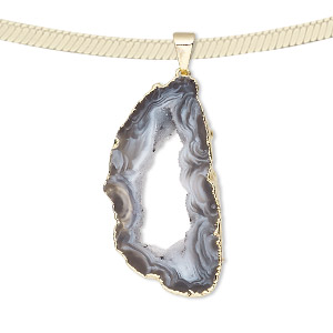 Pendant, druzy agate (natural) with gold-plated brass and copper, 30x24mm-45x26mm hand-cut slice. Sold individually.