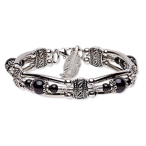 Bracelet, 3-strand, glass / silver- / antique silver-plated steel / &quot;pewter&quot; (zinc-based alloy), black, 11mm wide with 24x8mm feather dangle, 7 inches with 1-1/2 inch extender chain and lobster claw clasp. Sold individually.