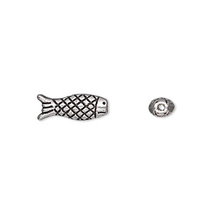 Bead, antique silver-plated &quot;pewter&quot; (zinc-based alloy), 14x5mm double-sided fish. Sold per pkg of 50.