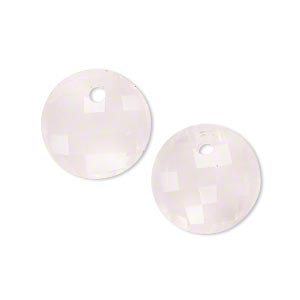 Drop, rose quartz (natural), 16mm hand-carved faceted puffed flat round, B+ grade, Mohs hardness 7. Sold per pkg of 2.