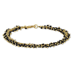 Bracelet, black onyx (dyed) and gold-finished brass, 8mm wide with 2mm faceted round, 7-1/2 inches with lobster claw clasp. Sold individually.