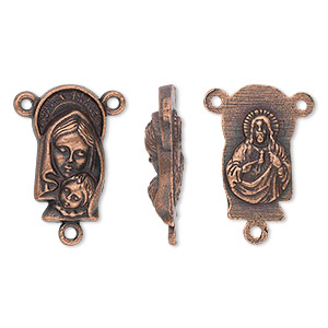 Connector, antique copper-plated &quot;pewter&quot; (zinc-based alloy), 18.5x10mm two-sided oval rosary with Madonna and child on front and Sacred Heart of Jesus Christ on back. Sold per pkg of 10.