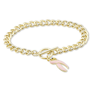 Bracelet, enamel with gold-finished steel and &quot;pewter&quot; (zinc-based alloy), pink, 22x12mm awareness ribbon, 7 inches with toggle clasp. Sold individually.