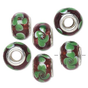 Bead, Dione&reg;, lampworked glass with silver-plated brass grommets, semitransparent purple and green, 14x9mm rondelle with swirls. Sold per pkg of 6.