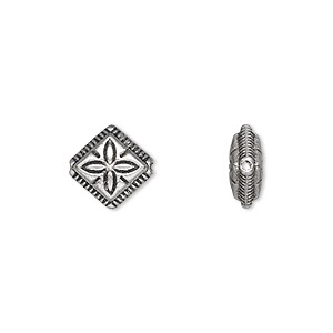 Bead, antique silver-plated &quot;pewter&quot; (zinc-based alloy), 11mm double-sided diamond with flower design. Sold per pkg of 50.