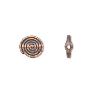 Bead, antique copper-plated &quot;pewter&quot; (zinc-based alloy), 11mm double-sided flat round with spiral design. Sold per pkg of 20.