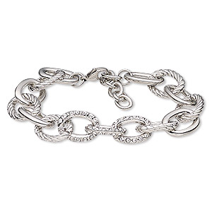 Bracelet, glass rhinestone / imitation rhodium-plated brass / steel / &quot;pewter&quot; (zinc-based alloy), clear, 14mm cable. 6-1/2 inches with 1-1/2 inch extender chain and lobster claw clasp. Sold individually.