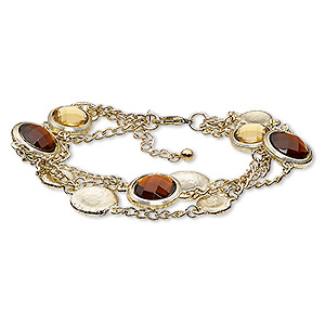 Bracelet, acrylic with gold-finished steel and &quot;pewter&quot; (zinc-based alloy), gold and amber brown, 6-1/2 inches with 1-1/2 inch extender chain and lobster claw clasp. Sold individually.
