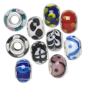 Bead mix, Dione&reg;, lampworked glass with silver-plated brass grommets, opaque and semitransparent mixed colors, 14x9mm rondelle. Sold per pkg of 10.