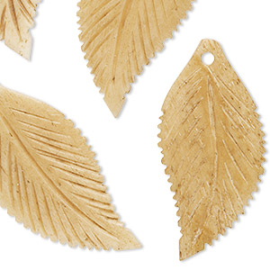 Focal, bone (dyed), tan, 37x18mm hand-carved double-sided flat leaf, Mohs hardness 2-1/2. Sold per pkg of 4.