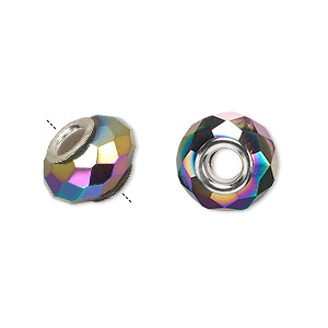 Bead, Dione&reg;, glass and silver-plated brass grommets, 32-facet, rainbow opaque metallic, 14x9mm faceted rondelle. Sold per pkg of 6.