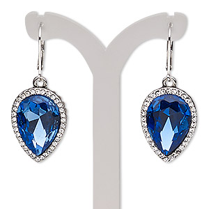 Earring, glass rhinestone / glass / imitation rhodium-plated brass / &quot;pewter&quot; (zinc-based alloy), sapphire blue and clear, 42mm with teardrop and leverback ear wire. Sold per pair.