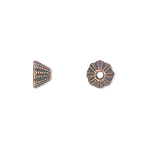 Cone, antique copper-plated &quot;pewter&quot; (zinc-based alloy), 8x5mm corrugated, 5mm inside diameter. Sold per pkg of 50.