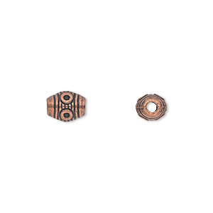 Bead, antique copper-plated &quot;pewter&quot; (zinc-based alloy), 8x6mm fancy barrel. Sold per pkg of 50.