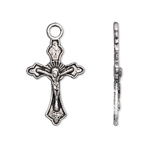Drop, antique silver-plated &quot;pewter&quot; (zinc-based alloy), 26x17mm single-sided crucifix. Sold per pkg of 10.