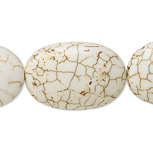 Bead, magnesite (stabilized), white, 30x20mm flat oval, B grade, Mohs hardness 3-1/2 to 4. Sold per 15-1/2&quot; to 16&quot; strand.