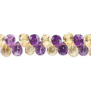 Bead, amethyst and citrine (natural/heated), 7x4mm hand-cut top-drilled faceted teardrop, B grade, Mohs hardness 7. Sold per 8-inch strand, approximately 75 beads.