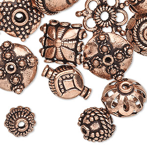Bead and bead cap, antiqued copper, 12x6mm-17x17mm assorted sizes in 50 styles, 2 of each style. Sold per pkg of 100.